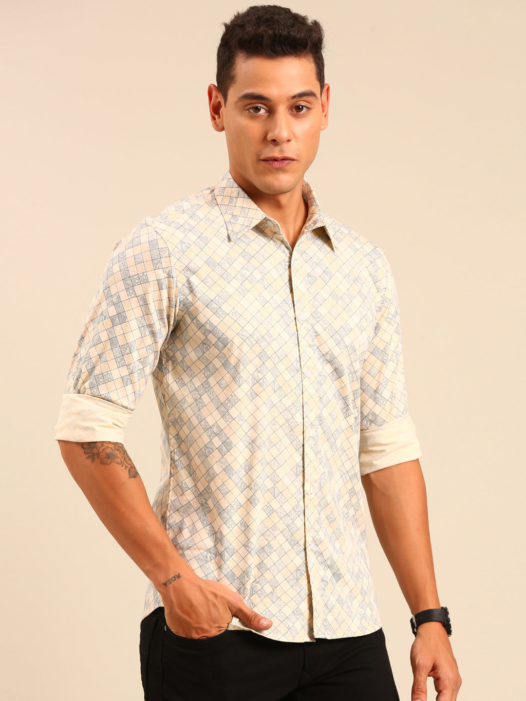 JOVEN Men Beige Printed Casual Full Sleeve Lycra Shirt ( No Returns )