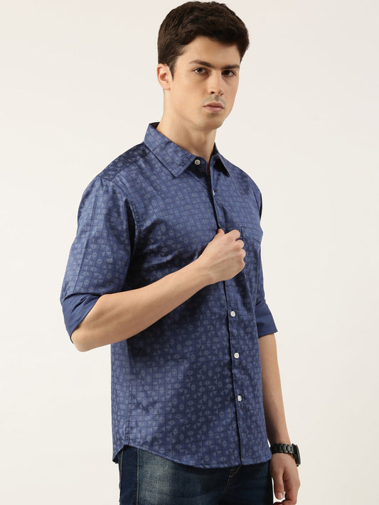 Men Blue Printed Pure Cotton Full Sleeve Casual Shirt