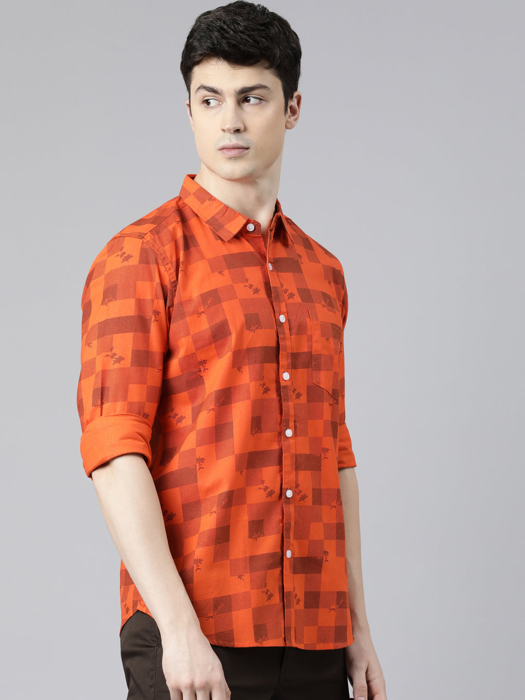 Men Orange Printed Pure Cotton Full Sleeve Casual Shirt