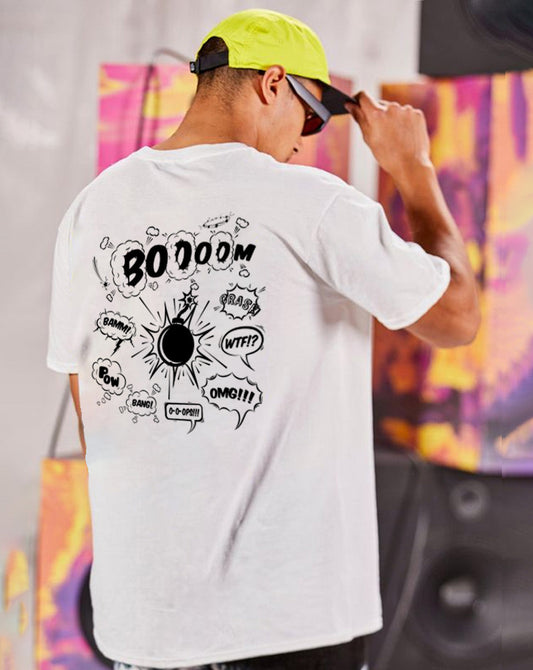 Broon Men White Printed Oversize Round Neck T-Shirt