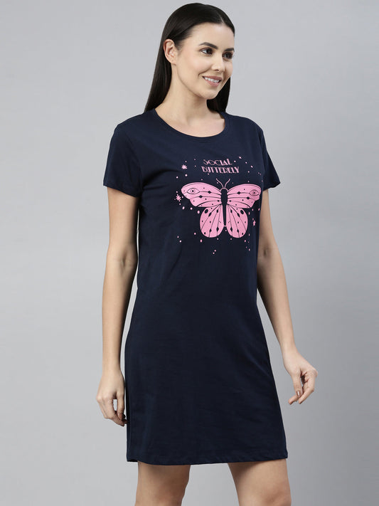 CURARE Women Printed Round Neck Navy Blue LongTees