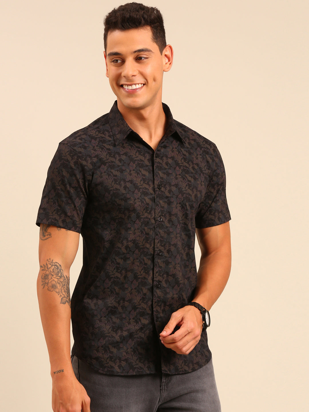 JOVEN Men Black and Brown Printed Casual Lycra Shirt ( No Returns )