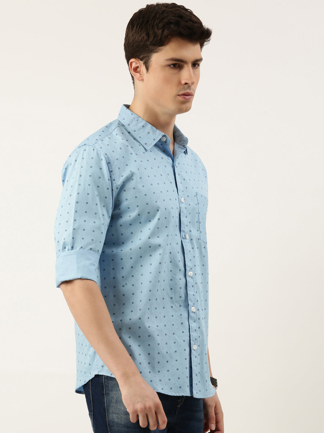 Men Light Blue Printed Pure Cotton Full Sleeve Casual Shirt