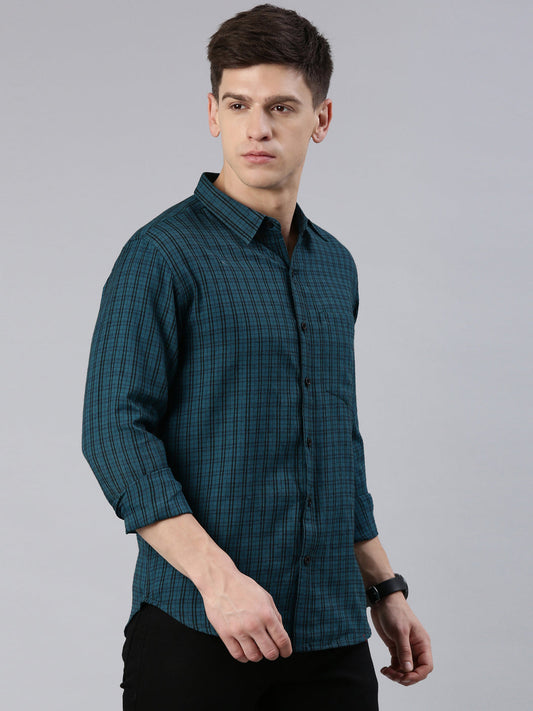 Men Dark Green Checked Cotton Blend Casual Full Sleeve Shirt