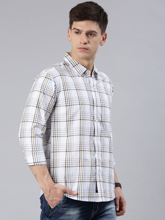 Men White Checked Cotton Blend Casual Full Sleeve Shirt