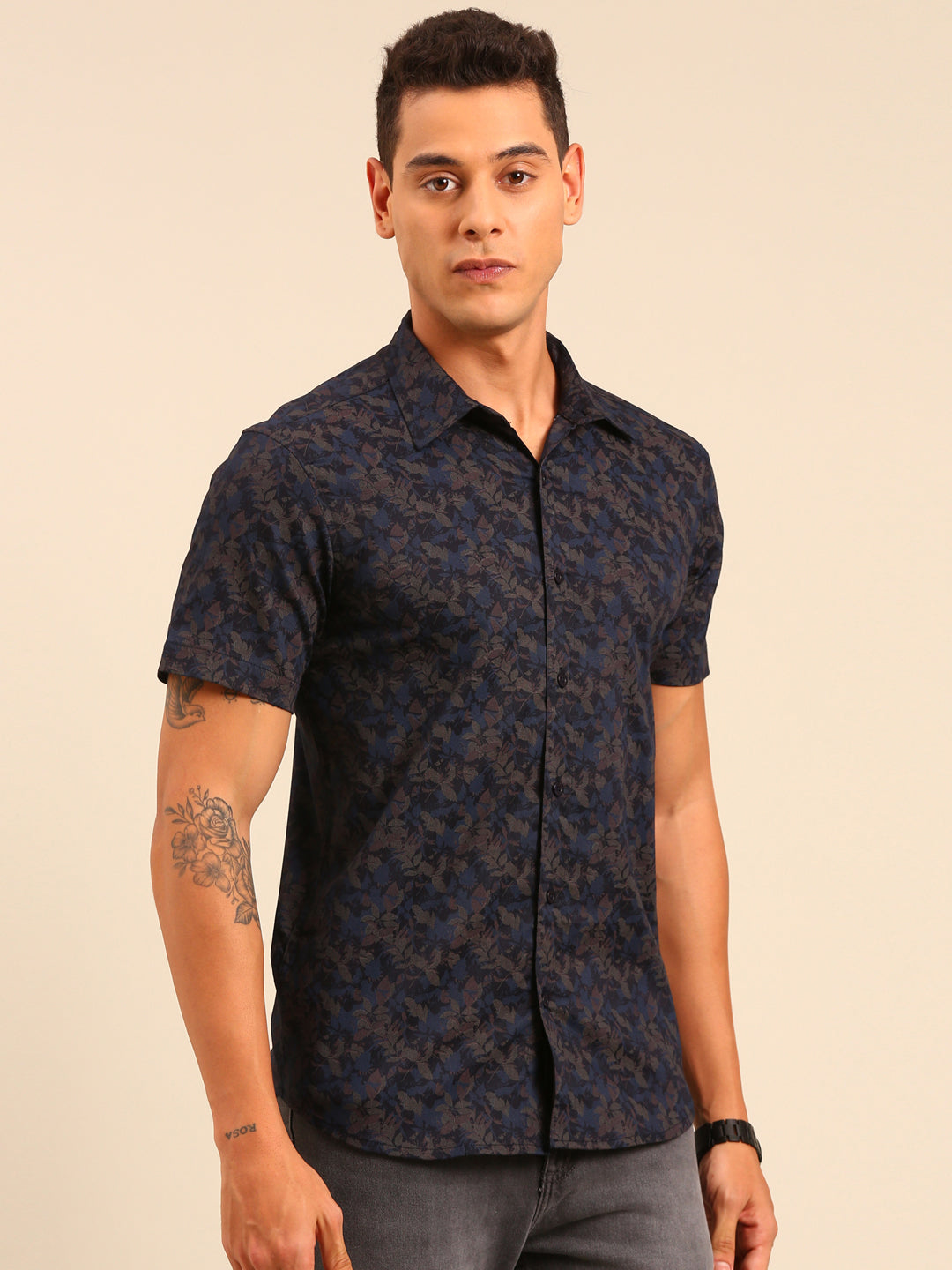 JOVEN Men Navy Blue and Brown Printed Casual Lycra Shirt ( No Returns )