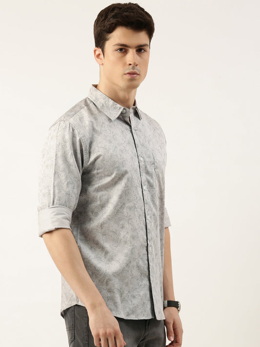 Men Light Grey Printed Pure Cotton Full Sleeve Casual Shirt