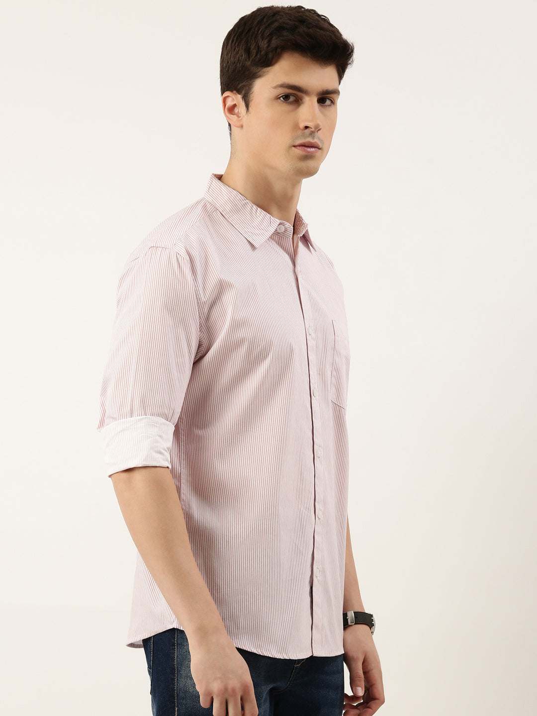 Men Pink Striped Pure Cotton Full Sleeve Casual Shirt