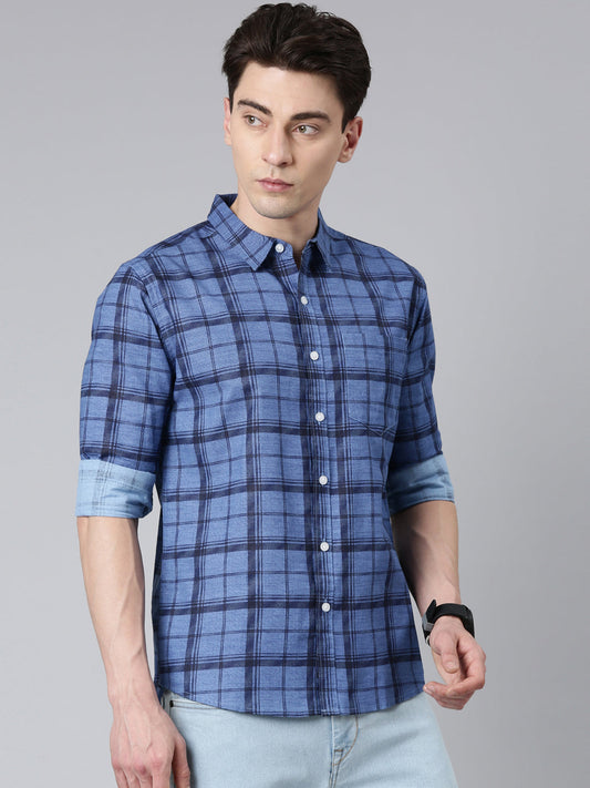 Blue Checkered Pure Cotton Full Sleeve Shirt