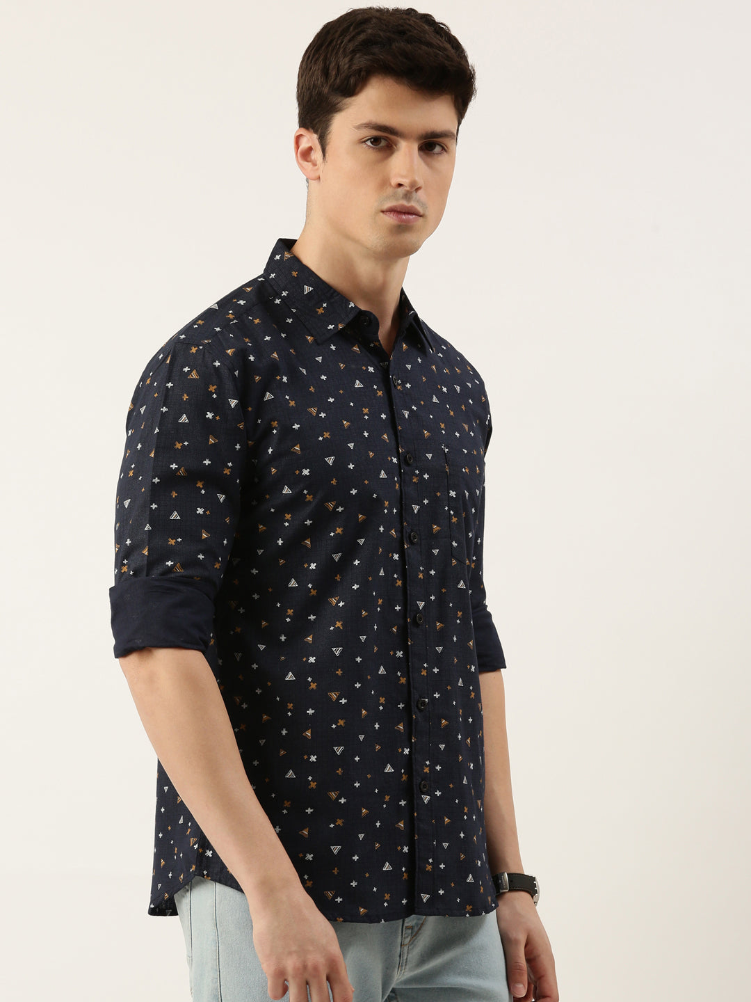Men Navy Blue and Yellow Printed Pure Cotton Full Sleeve Casual Shirt
