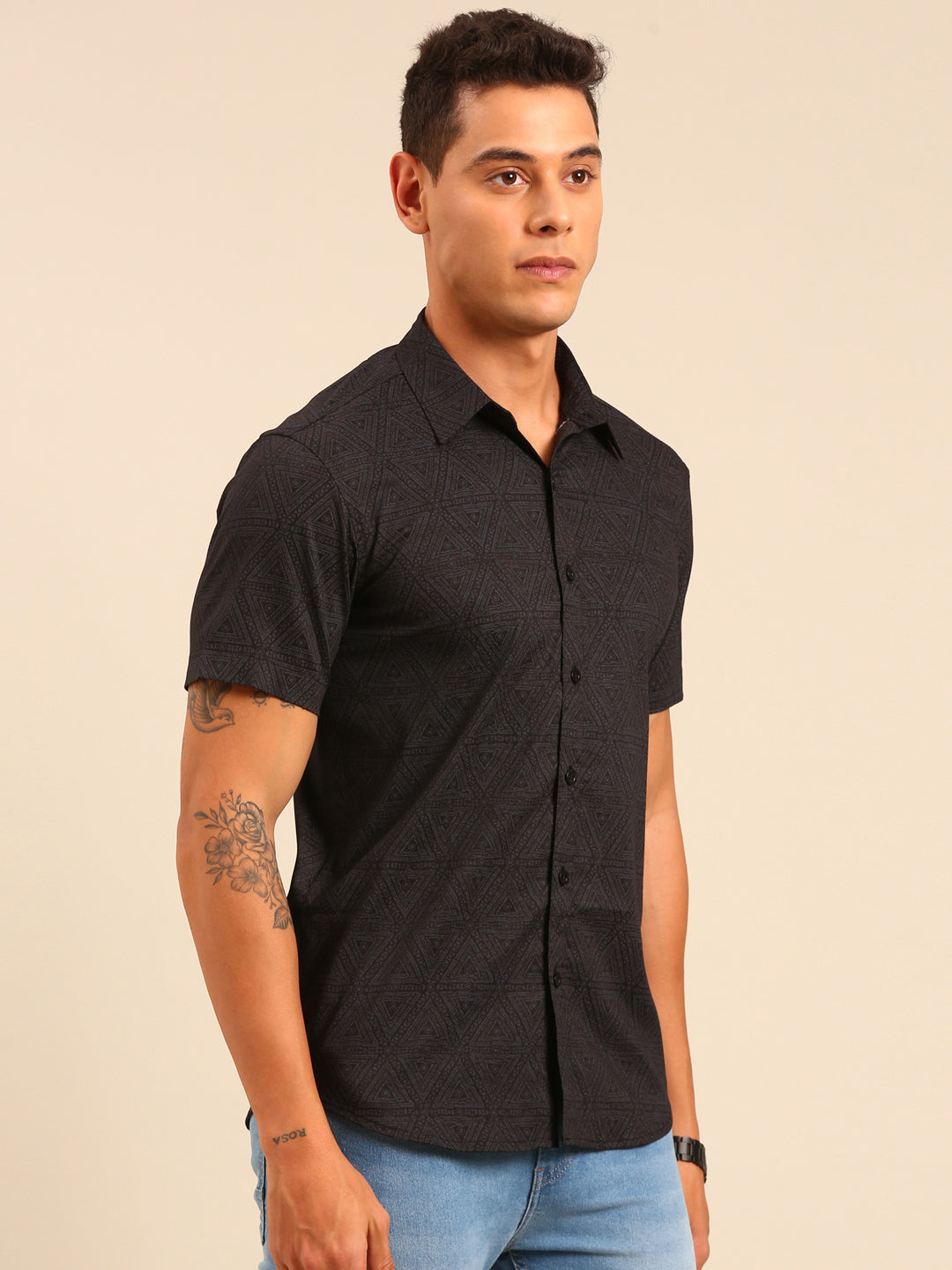 JOVEN Men Black Printed Casual Lycra Shirt ( No Returns )