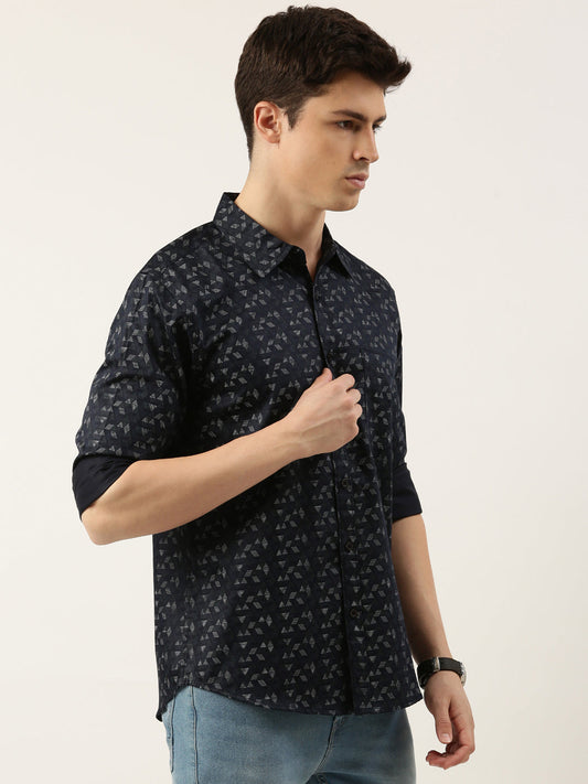 Men Navy Blue Printed Pure Cotton Full Sleeve Casual Shirt