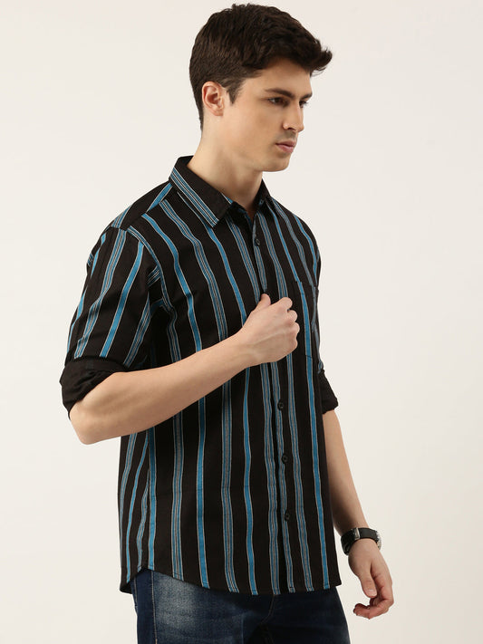 Men Black and Blue Striped Pure Cotton Full Sleeve Casual Shirt