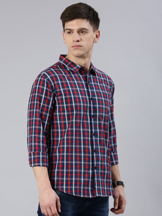 Men Navy Blue Checked Cotton Blend Casual Full Sleeve Shirt