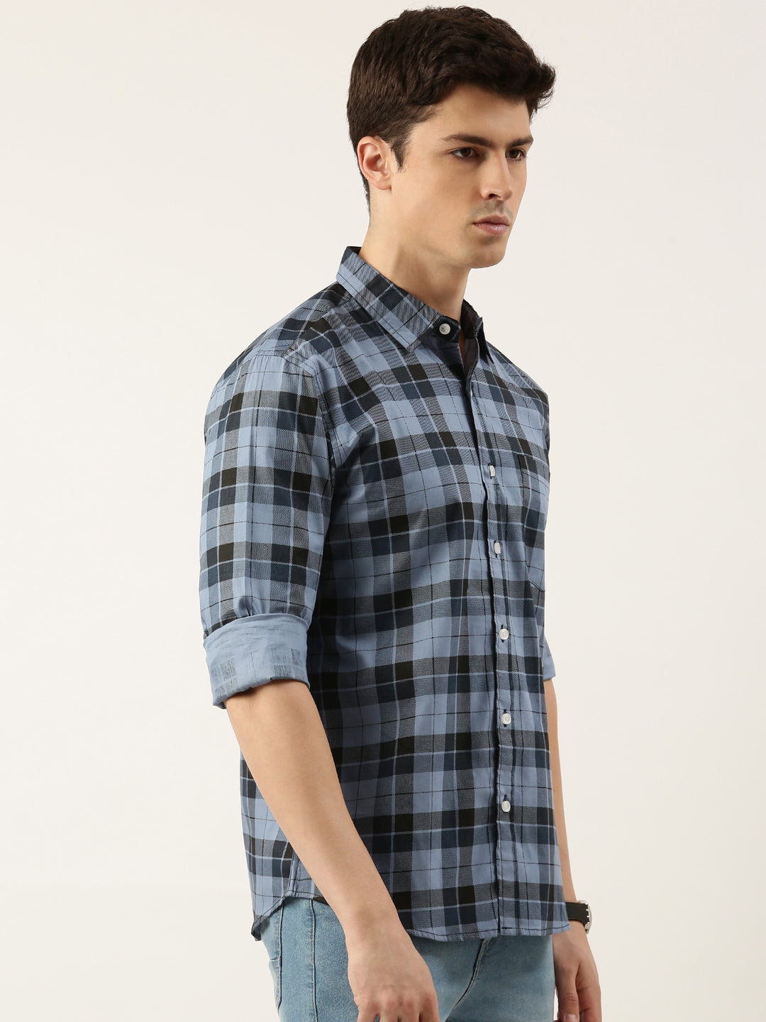 Men Blue Checked Pure Cotton Full Sleeve Casual Shirt