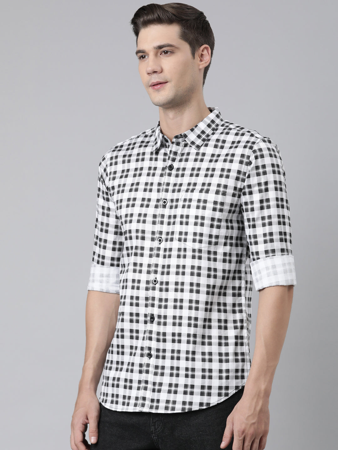 BROON Men White And Black Checkered Pure Cotton Full Sleeve Shirt