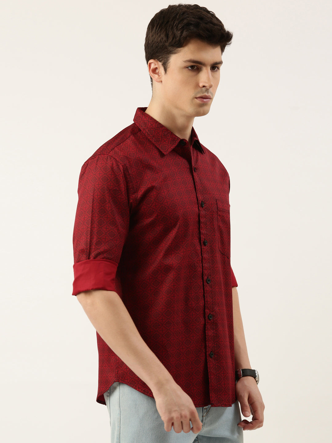 Men Maroon Printed Pure Cotton Full Sleeve Casual Shirt