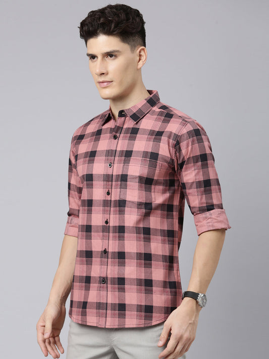 Men Pink And Black Checkered Pure Cotton Full Sleeve Casual Shirt