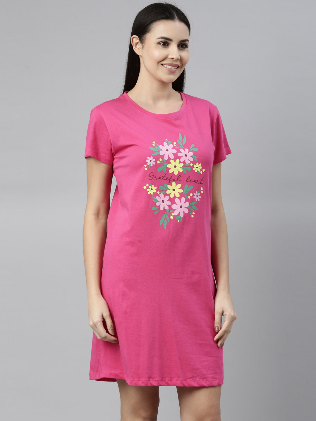 CURARE Women Printed Round Neck Fuchsia LongTees