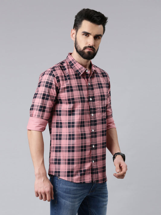 Pink Checked Pure Cotton Casual Full Sleeve Shirt