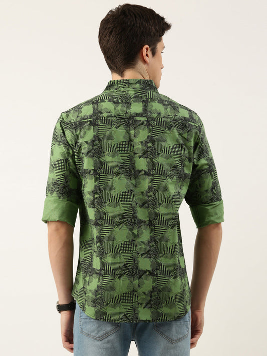 Men Green Printed Pure Cotton Full Sleeve Casual Shirt