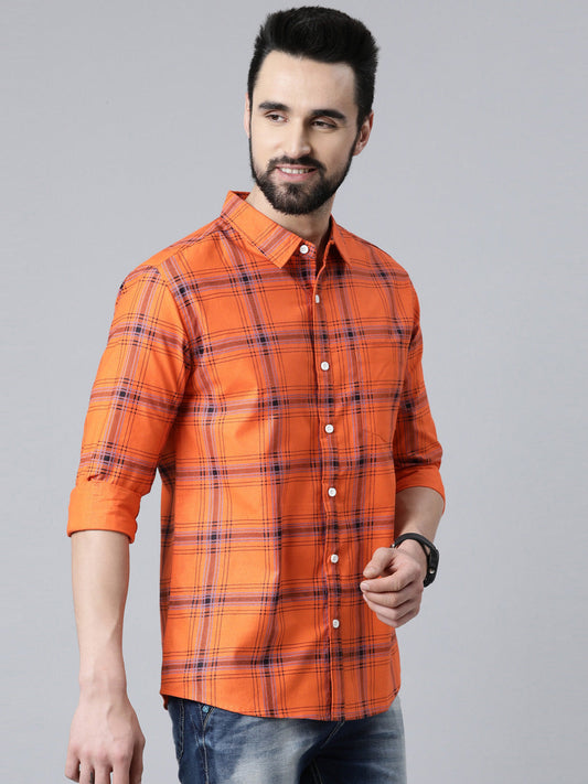 Orange Checked Pure Cotton Full Sleeve Shirt