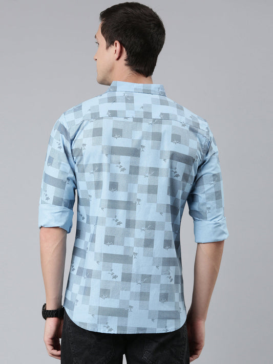 Men Light Blue Printed Pure Cotton Full Sleeve Casual Shirt