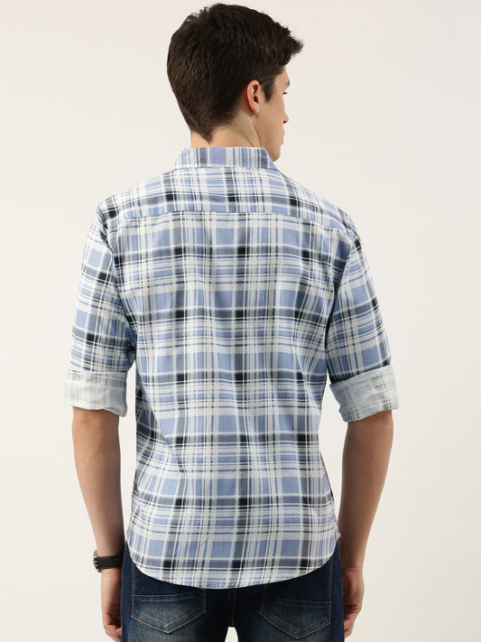 Men Blue Checked Pure Cotton Full Sleeve Casual Shirt
