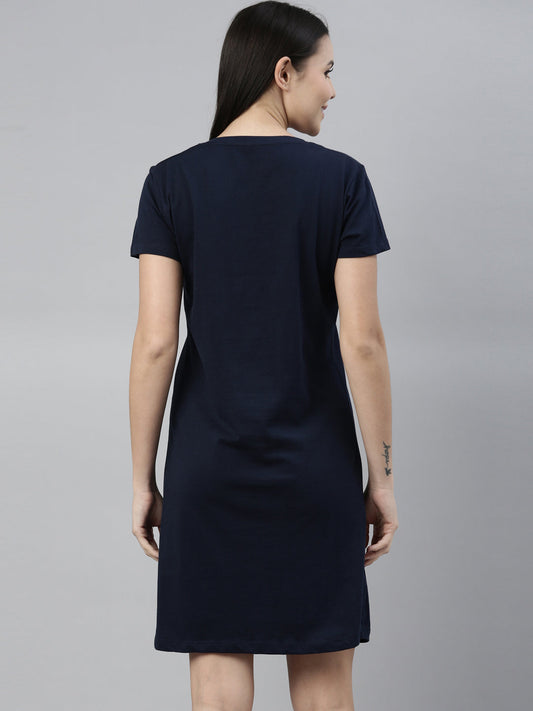 CURARE Women Printed Round Neck Navy Blue LongTees