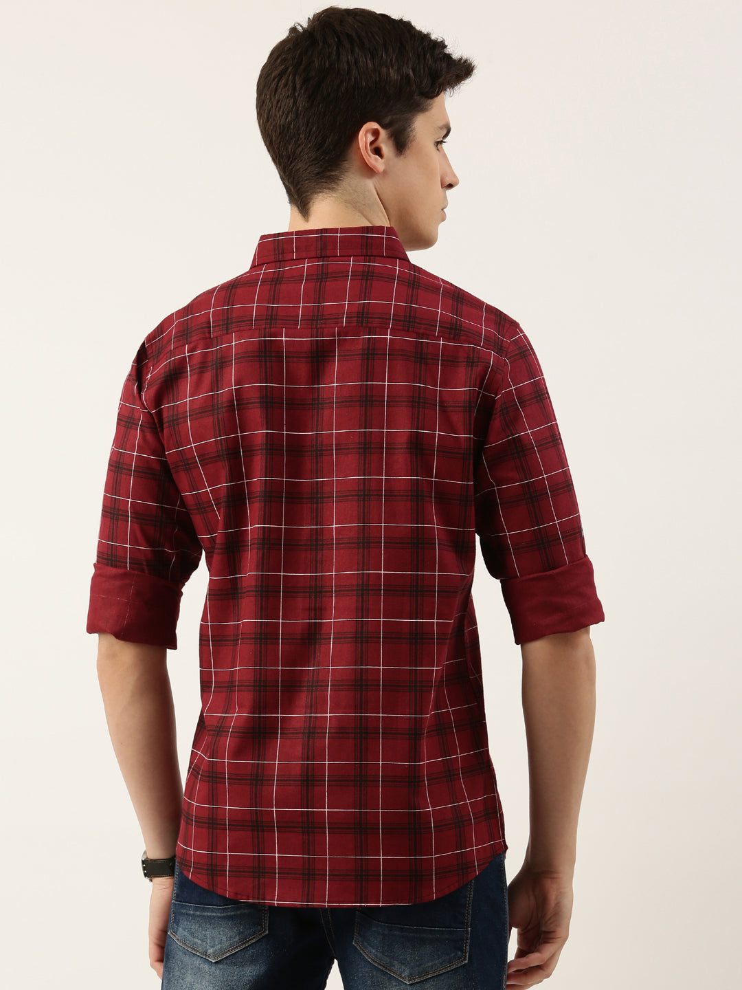 Men Maroon Checked Pure Cotton Full Sleeve Casual Shirt