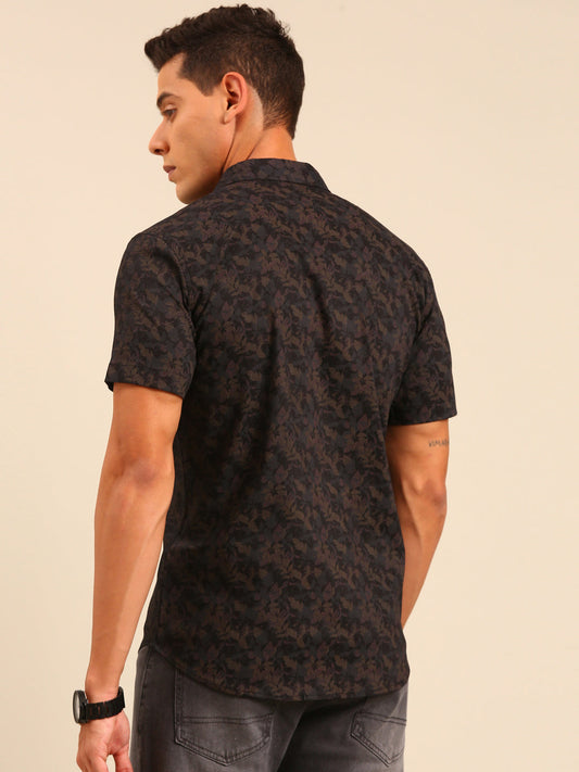 JOVEN Men Black and Brown Printed Casual Lycra Shirt ( No Returns )