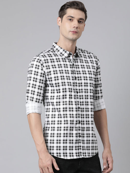 BROON Men White And Black Checkered Pure Cotton Full Sleeve Shirt