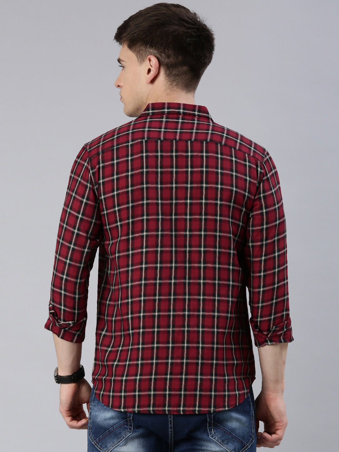 Men Maroon Checked Cotton Blend Casual Full Sleeve Shirt