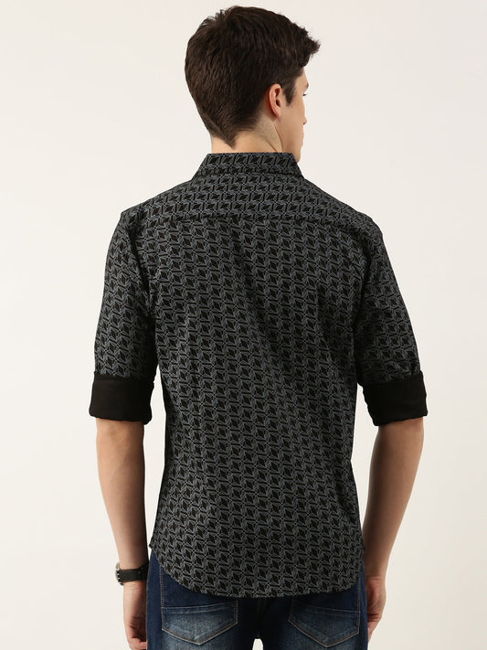 Men Black Printed Pure Cotton Full Sleeve Casual Shirt