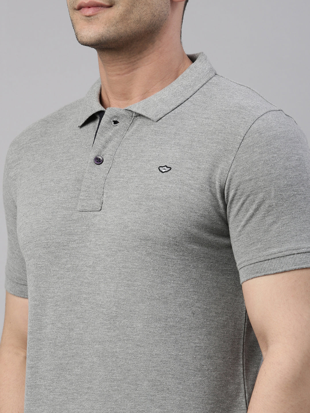 Men Grey Melange Solid Polo Collar T-shirt