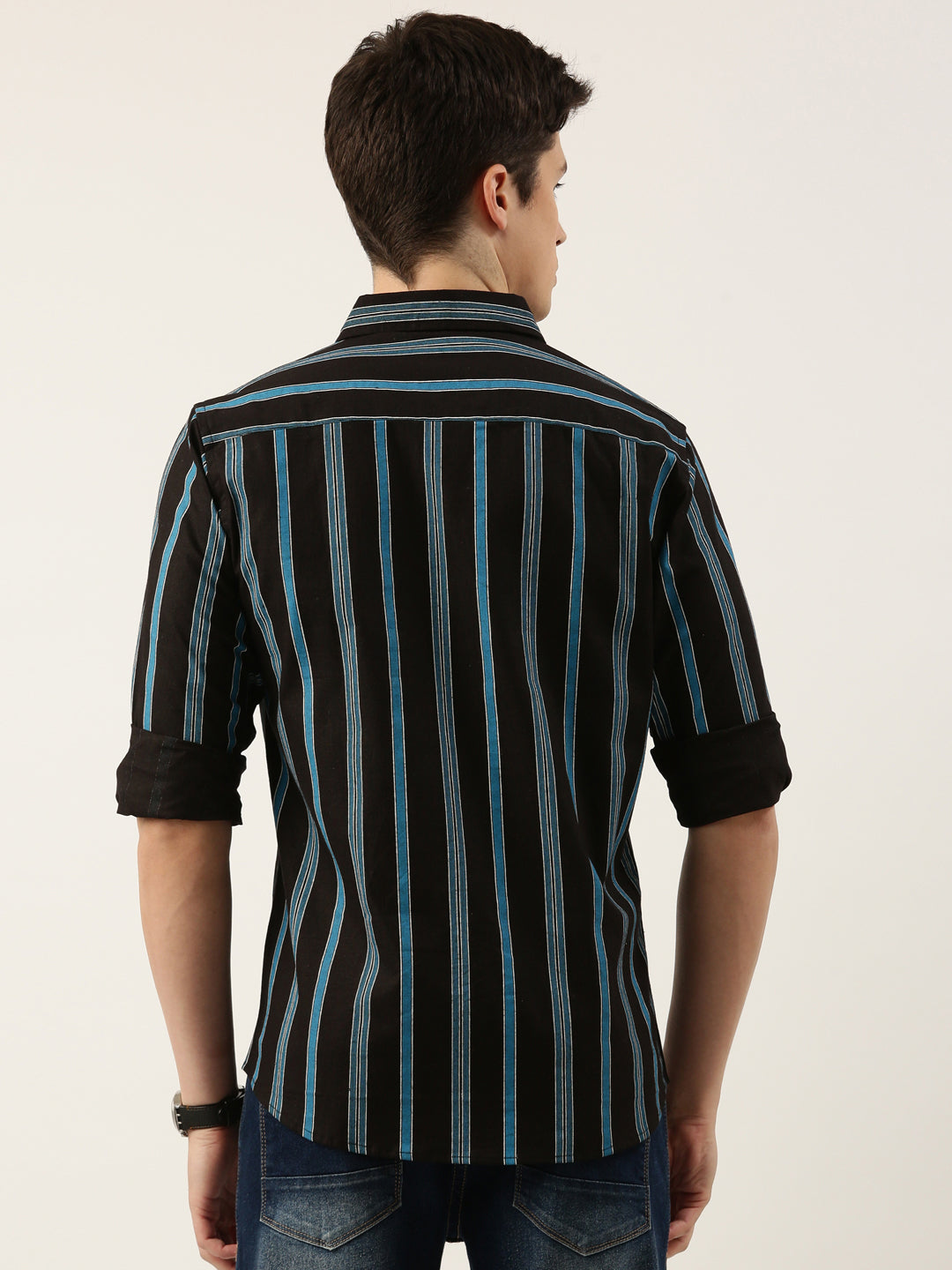 Men Black and Blue Striped Pure Cotton Full Sleeve Casual Shirt