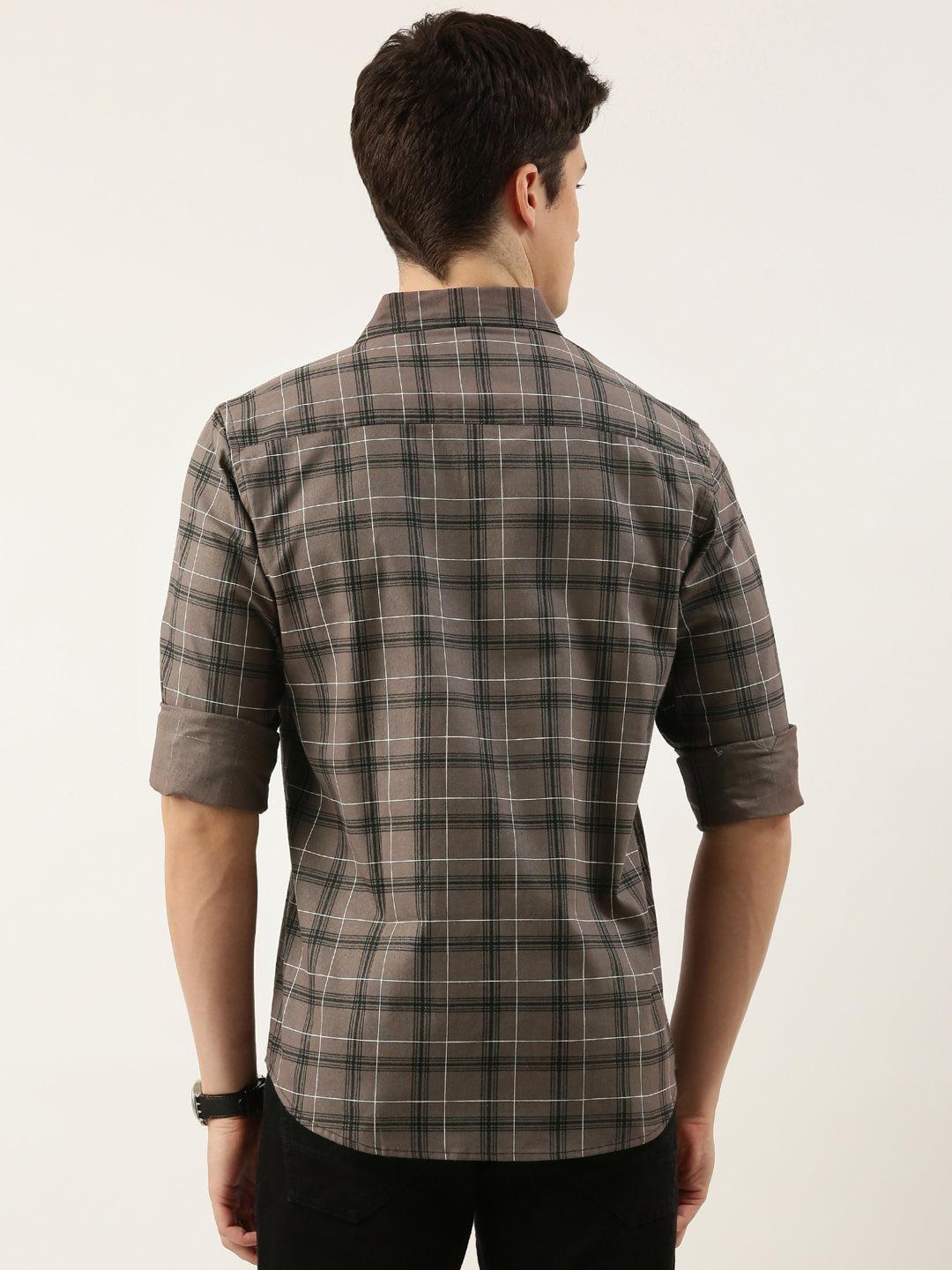 Men Grey Checked Pure Cotton Full Sleeve Casual Shirt