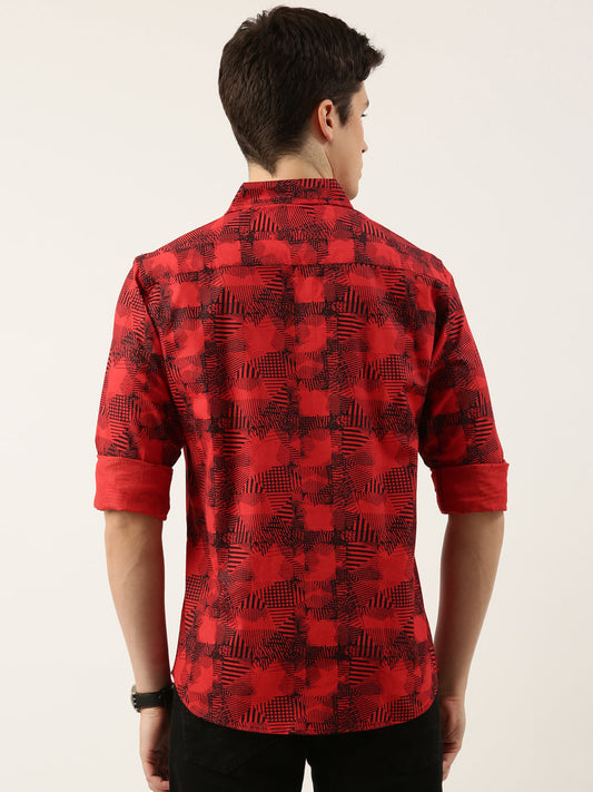 Men Red Printed Pure Cotton Full Sleeve Casual Shirt
