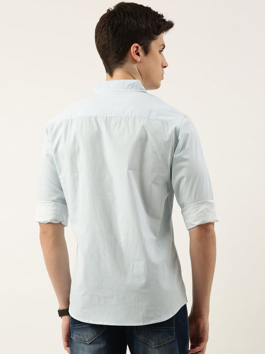 Men Light Blue Striped Pure Cotton Full Sleeve Casual Shirt