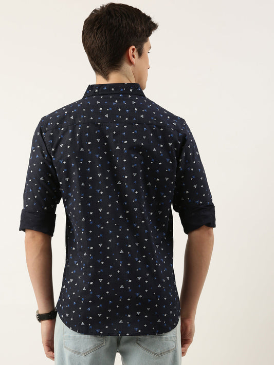 Men Navy Blue and Blue Printed Pure Cotton Full Sleeve Casual Shirt