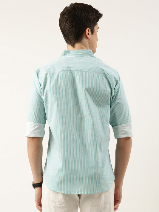 Men Mint Green Striped Pure Cotton Full Sleeve Casual Shirt