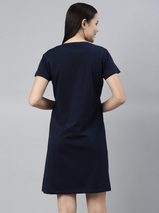CURARE Women Printed Round Neck Navy Blue LongTees