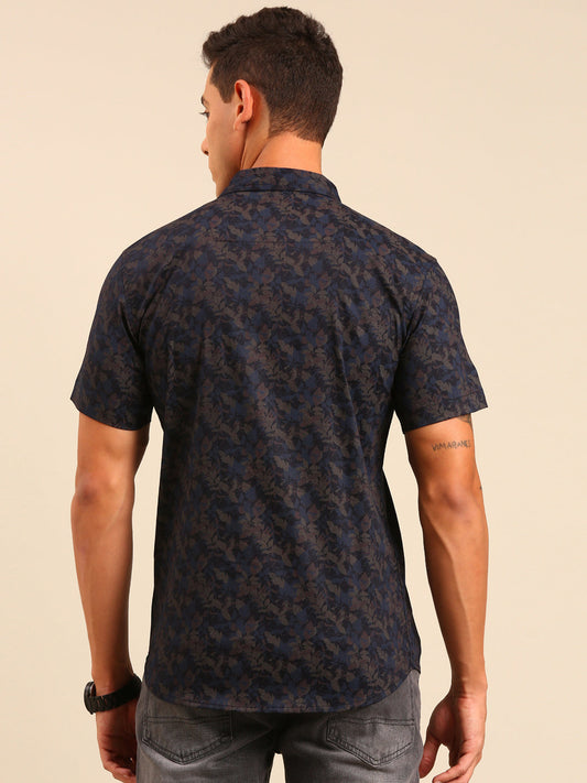 JOVEN Men Navy Blue and Brown Printed Casual Lycra Shirt ( No Returns )