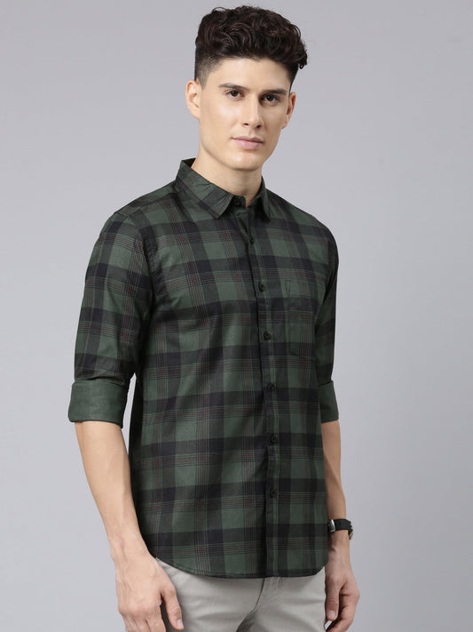 Men Olive And Black Checkered Pure Cotton Full Sleeve Casual Shirt