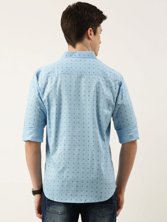 Men Light Blue Printed Pure Cotton Full Sleeve Casual Shirt
