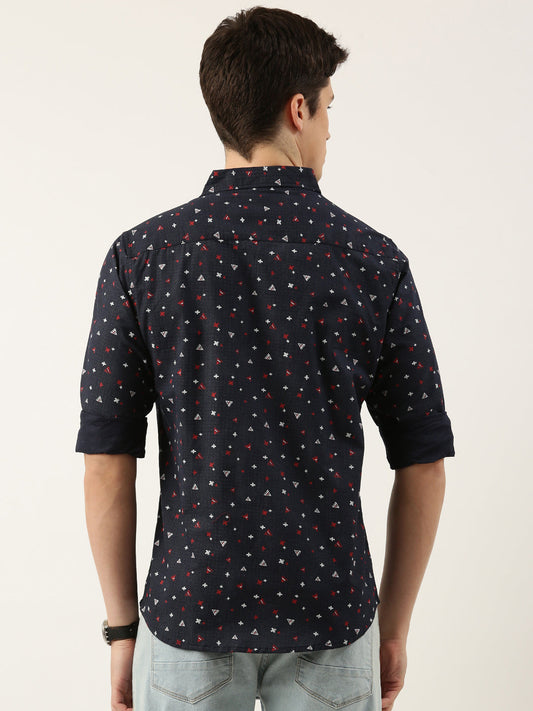 Men Navy Blue and Red Printed Pure Cotton Full Sleeve Casual Shirt