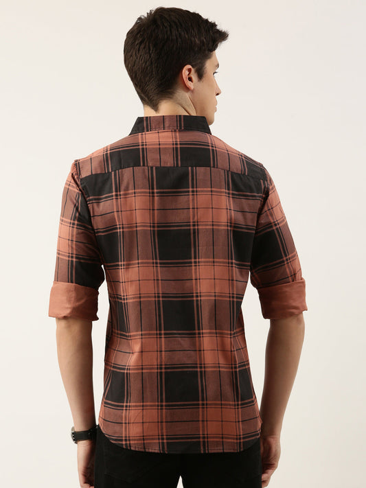 Men Brown and Black Checked Pure Cotton Full Sleeve Casual Shirt