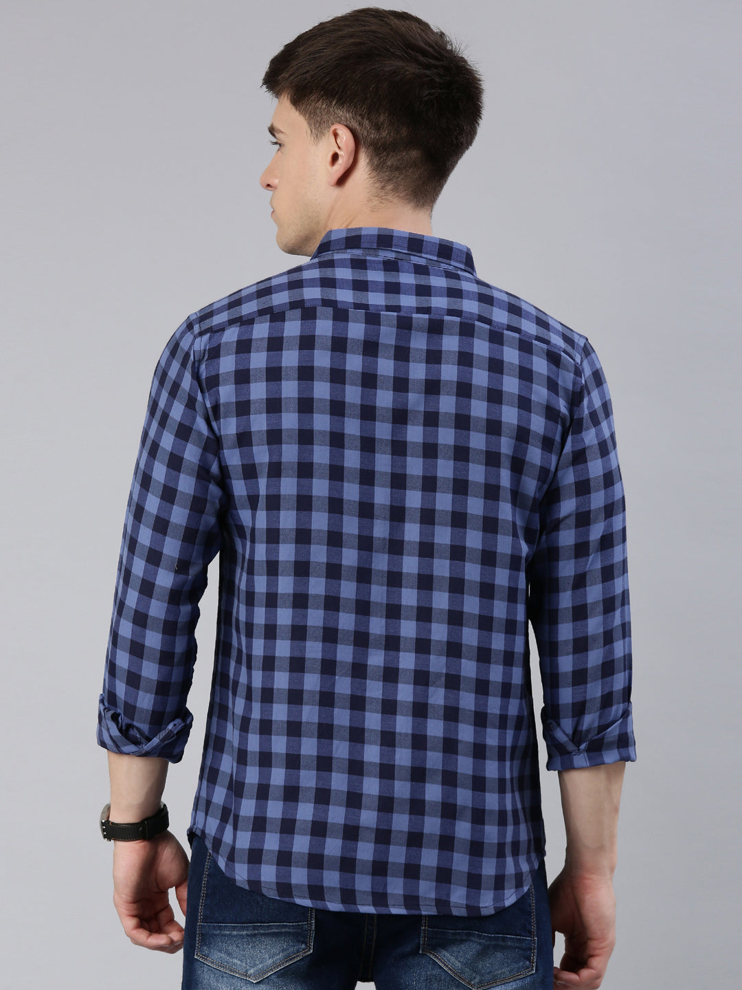 Men Navy Blue and Lavender Checked Cotton Blend Casual Full Sleeve Shirt