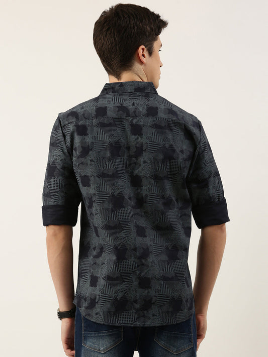 Men Navy Blue Printed Pure Cotton Full Sleeve Casual Shirt