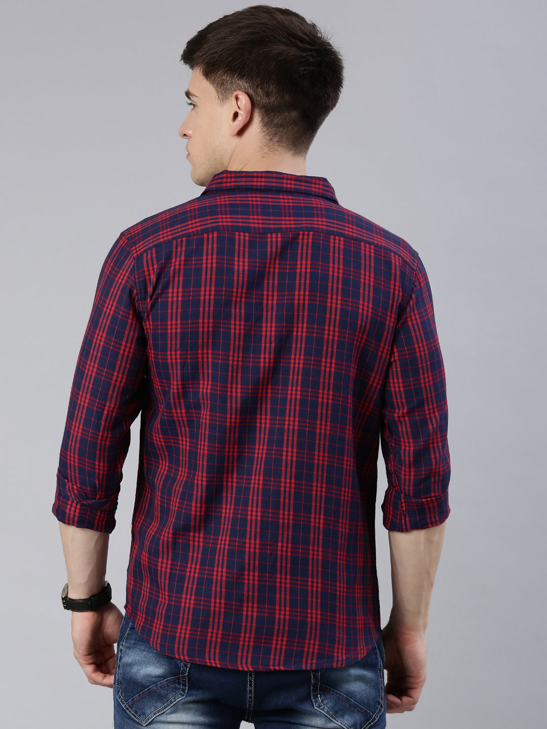 Men Red and Navy Blue Checked Cotton Blend Casual Full Sleeve Shirt